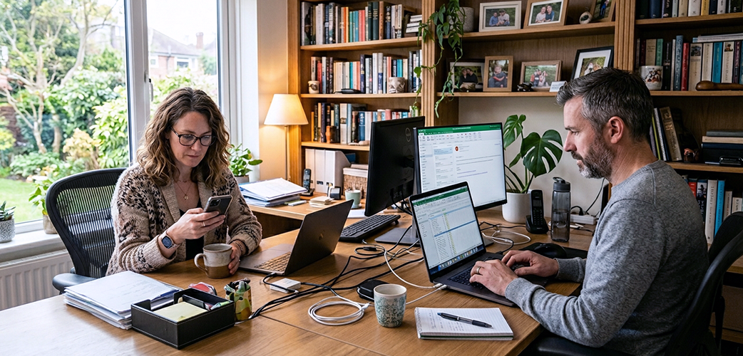 Two people sitting across from each other working on laptops.